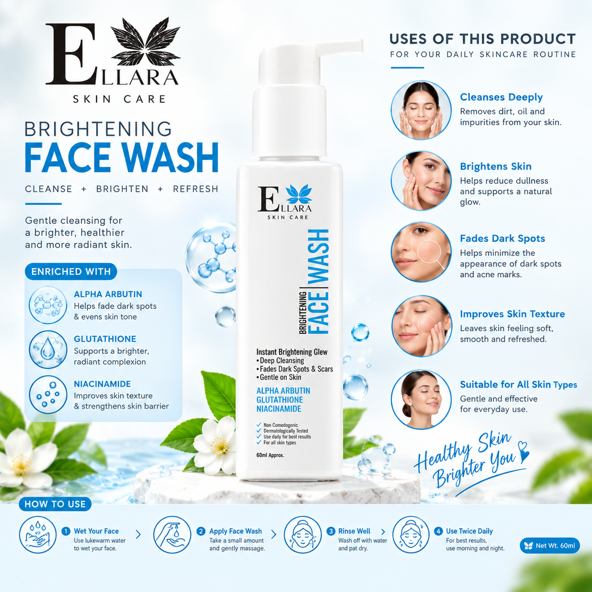 Ellara Brightening Face Wash with Alpha Arbutin, Glutathione & Niacinamide – 60ml
