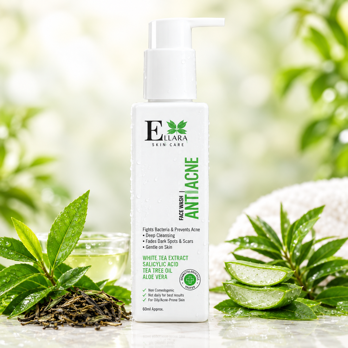Ellara Acne Control Face Wash with White Tea, Salicylic Acid, Tea Tree Oil & Aloe Vera – 60ml