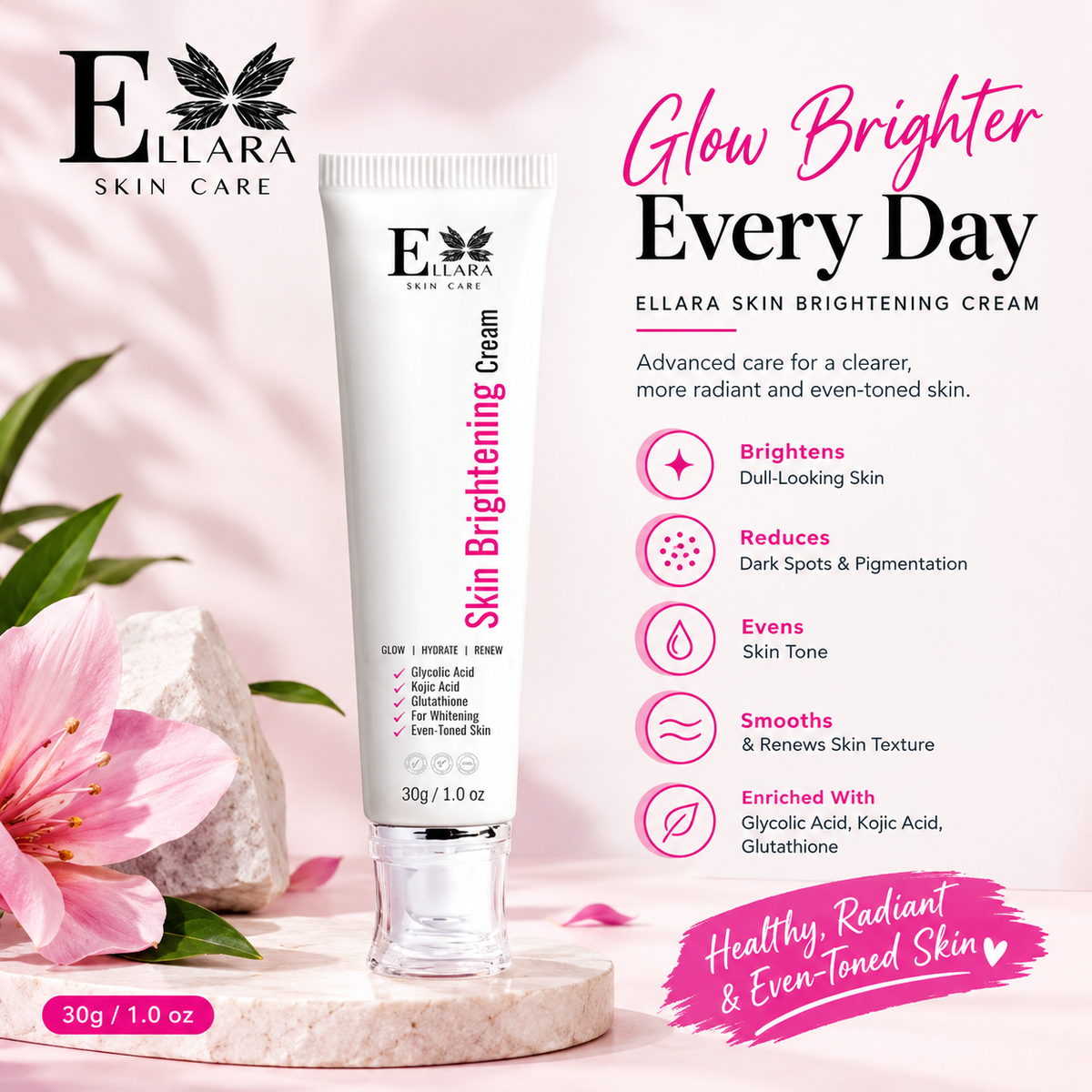 Ellara Skin Brightening Cream with Glycolic Acid, Kojic Acid & Glutathione – 30g